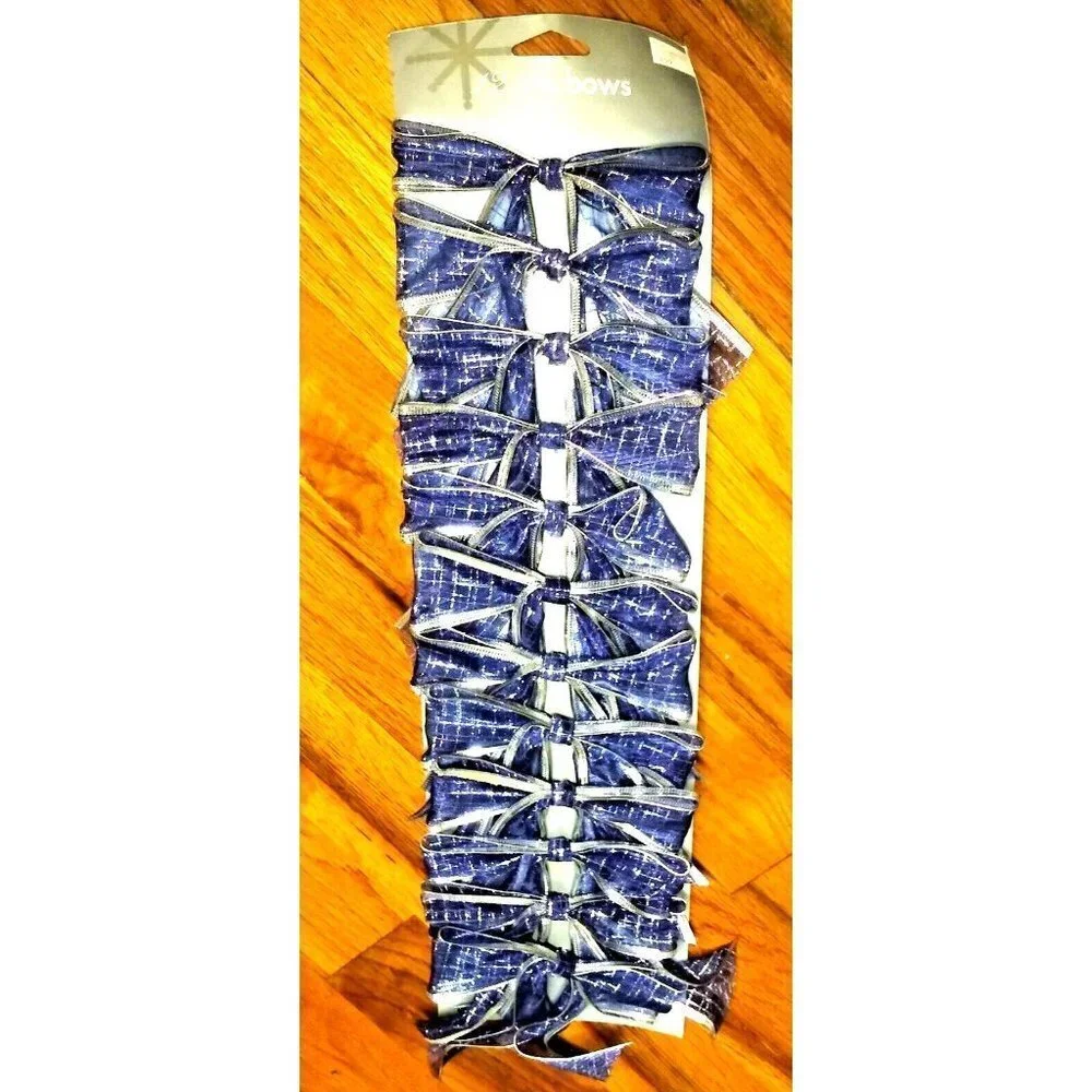 NEW Christmas Bows Blue Silver checkered ribbon bows ties set of 12 Bag bows